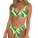 Tropical Banana Palm Leaf Pattern Print Front Bow Tie Bikini