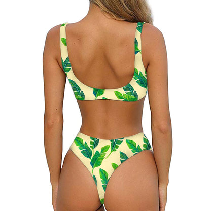 Tropical Banana Palm Leaf Pattern Print Front Bow Tie Bikini