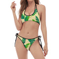 Tropical Banana Palm Leaf Pattern Print Halter Scoop Tie Side Bikini
