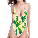 Tropical Banana Palm Leaf Pattern Print High Cut One Piece Swimsuit