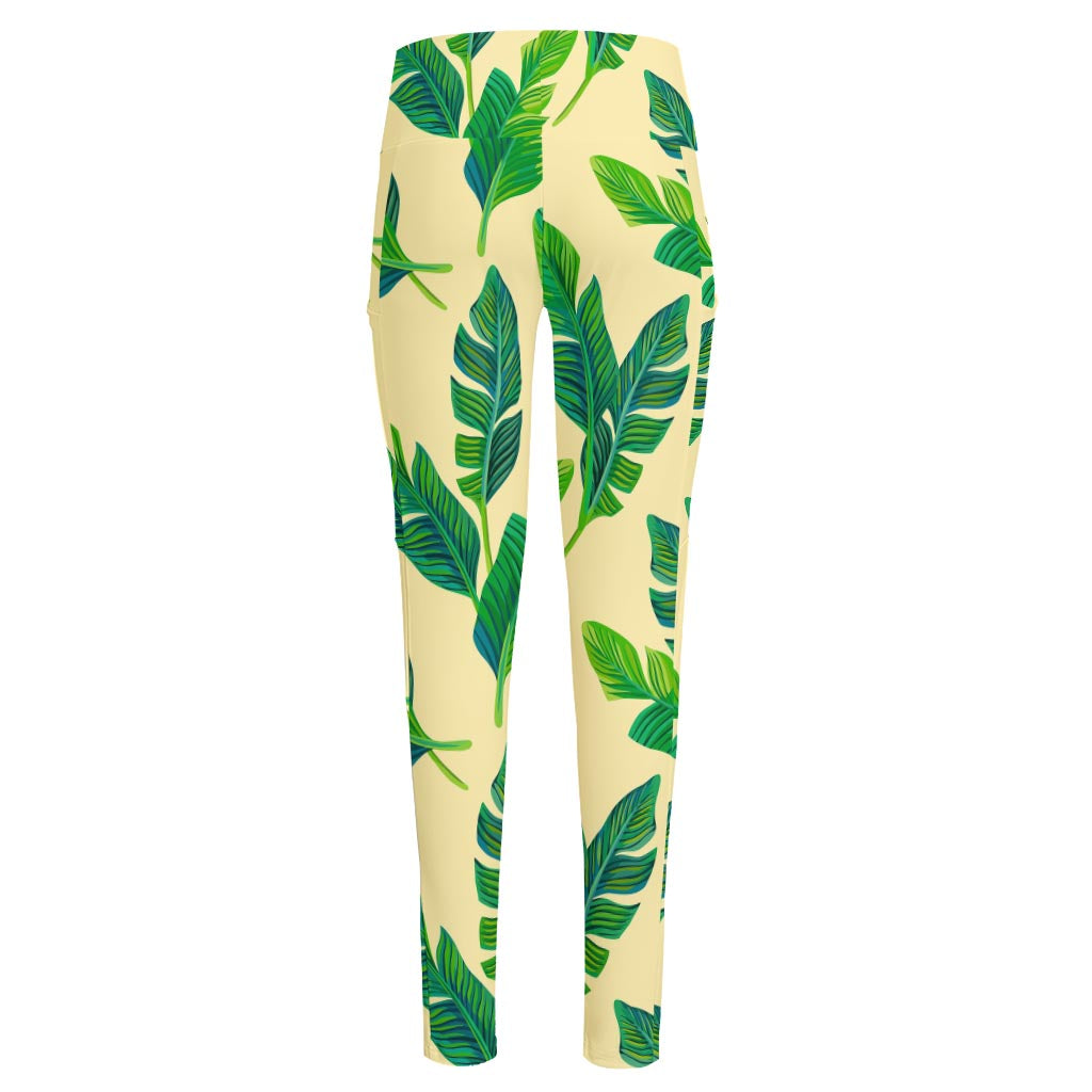 Tropical Banana Palm Leaf Pattern Print High-Waisted Pocket Leggings