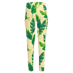 Tropical Banana Palm Leaf Pattern Print High-Waisted Pocket Leggings