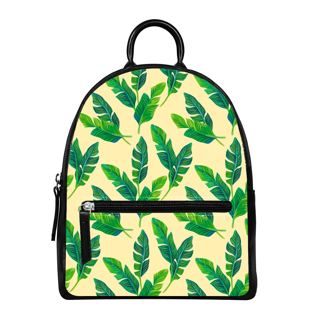Tropical Banana Palm Leaf Pattern Print Leather Backpack
