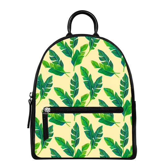 Tropical Banana Palm Leaf Pattern Print Leather Backpack