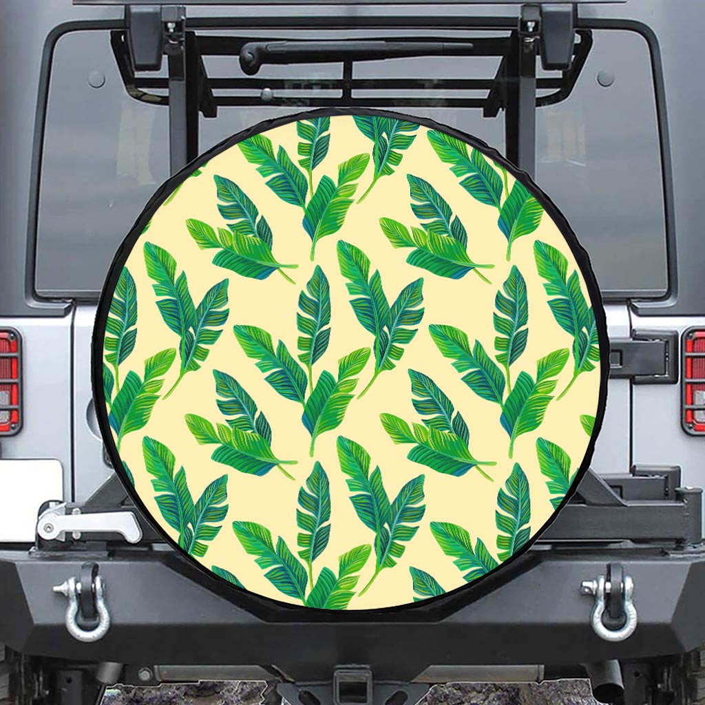 Tropical Banana Palm Leaf Pattern Print Leather Spare Tire Cover