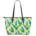 Tropical Banana Palm Leaf Pattern Print Leather Tote Bag With Zipper