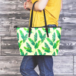 Tropical Banana Palm Leaf Pattern Print Leather Tote Bag