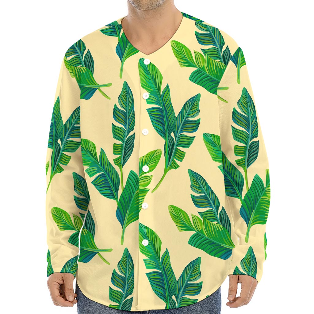 Tropical Banana Palm Leaf Pattern Print Long Sleeve Baseball Jersey