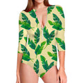 Tropical Banana Palm Leaf Pattern Print Long Sleeve Swimsuit