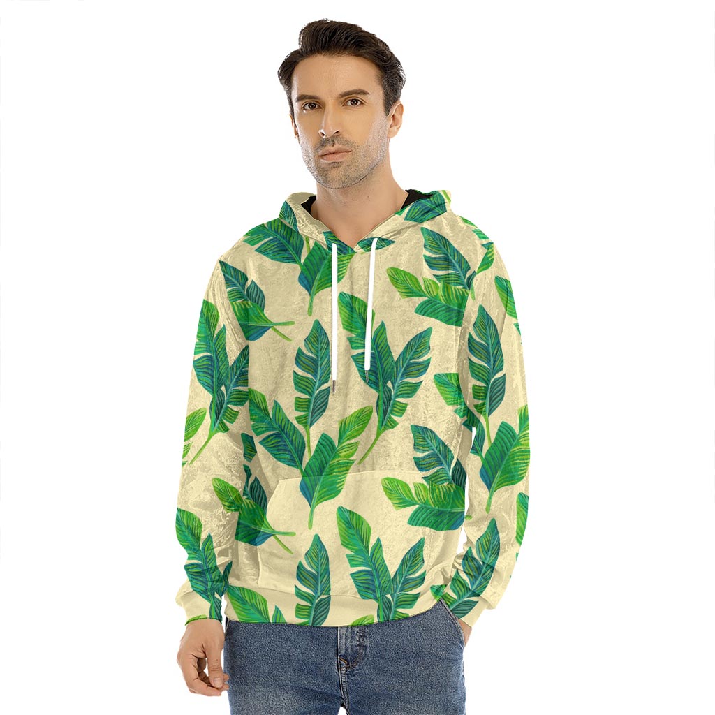 Tropical Banana Palm Leaf Pattern Print Men's Velvet Pullover Hoodie