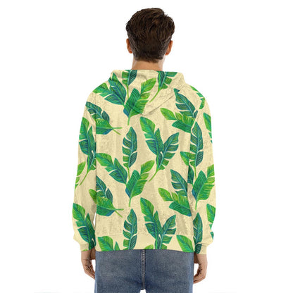 Tropical Banana Palm Leaf Pattern Print Men's Velvet Pullover Hoodie