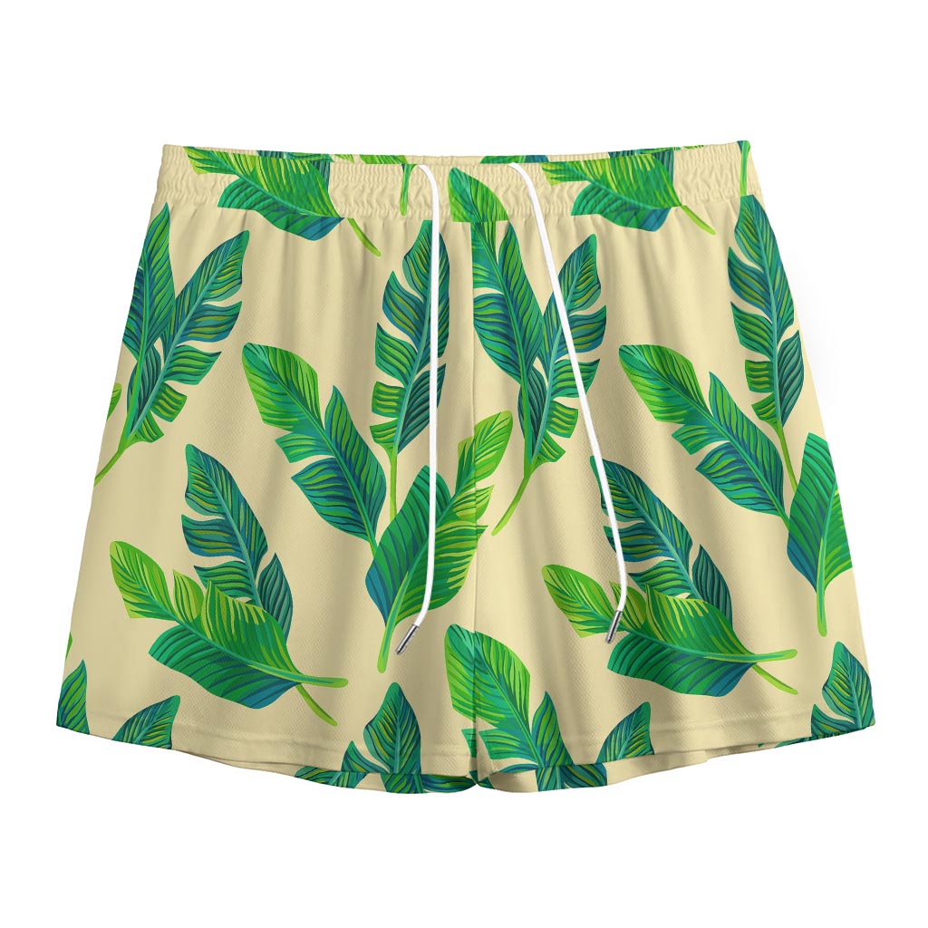 Tropical Banana Palm Leaf Pattern Print Mesh Shorts