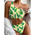 Tropical Banana Palm Leaf Pattern Print One Shoulder Bikini Set