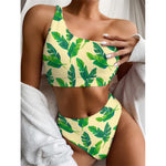 Tropical Banana Palm Leaf Pattern Print One Shoulder Bikini Top