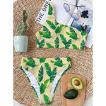 Tropical Banana Palm Leaf Pattern Print One Shoulder Bikini Top