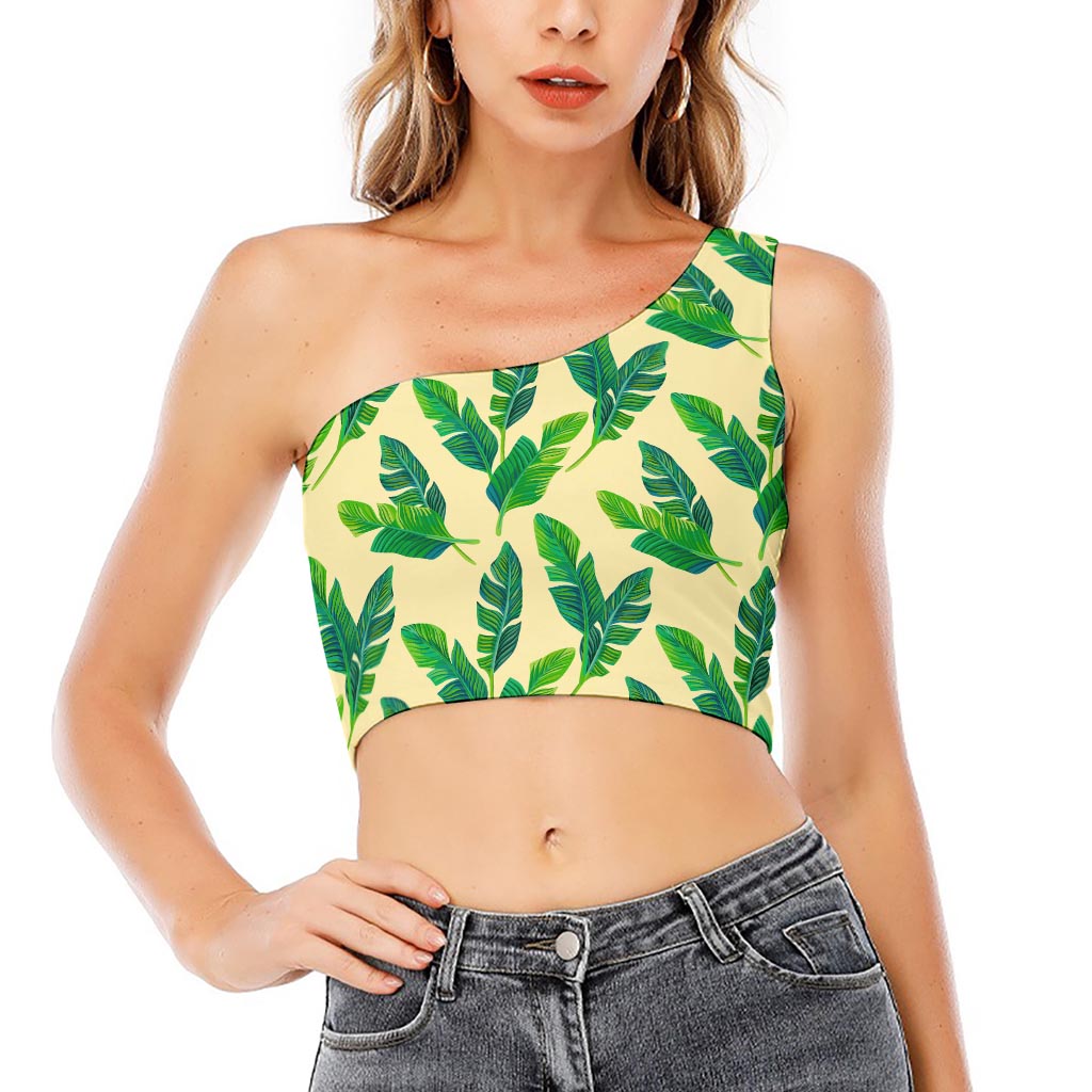 Tropical Banana Palm Leaf Pattern Print One Shoulder Crop Top