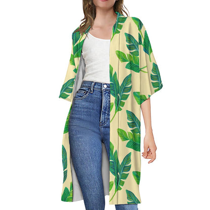 Tropical Banana Palm Leaf Pattern Print Open Front Beach Cover Up