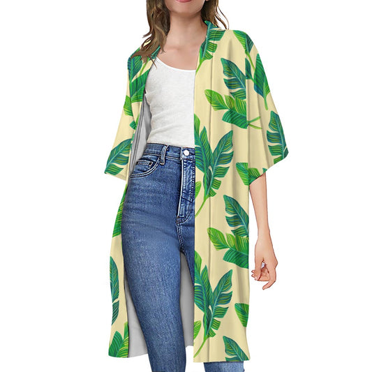 Tropical Banana Palm Leaf Pattern Print Open Front Beach Cover Up