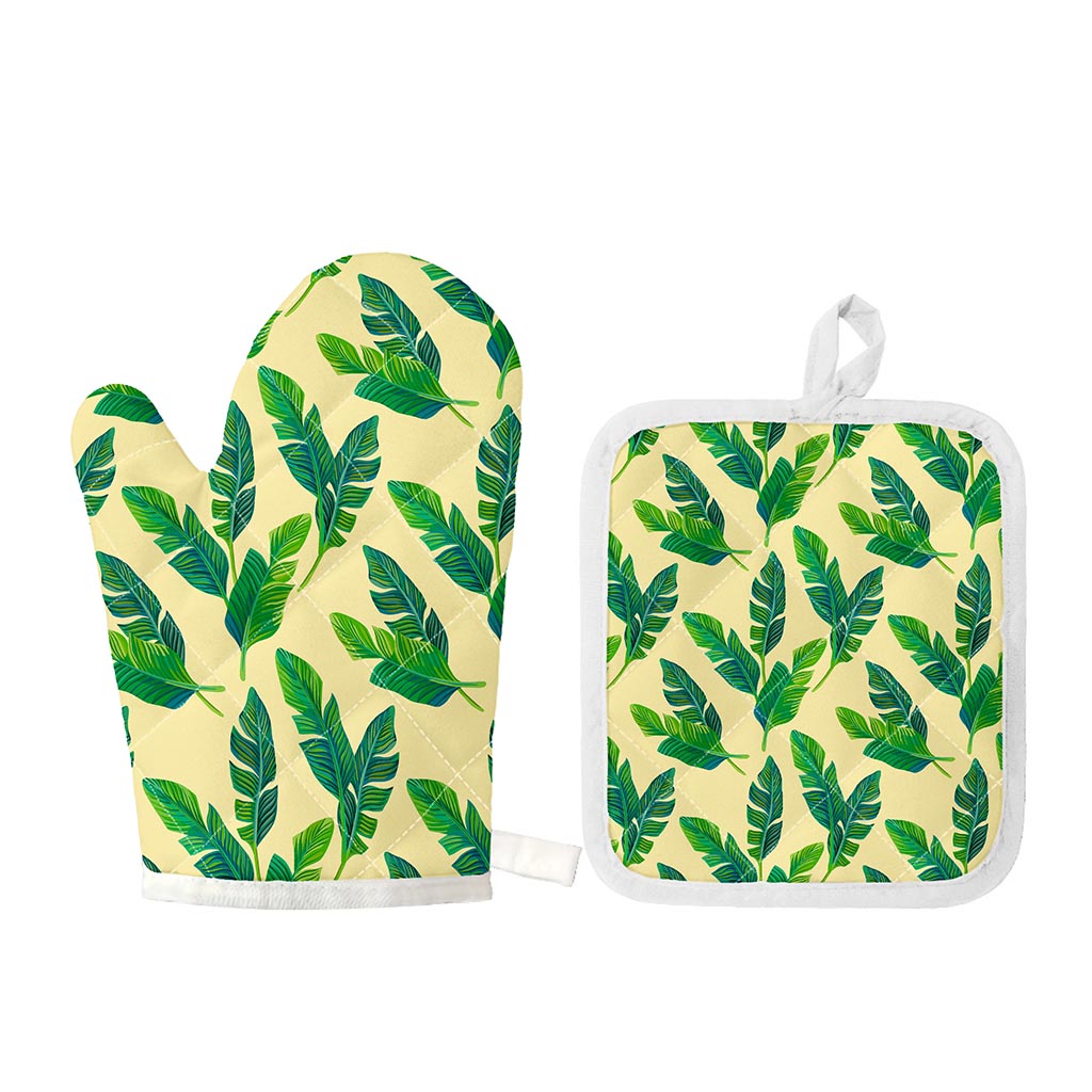 Tropical Banana Palm Leaf Pattern Print Oven Mitt And Pot Holder Set