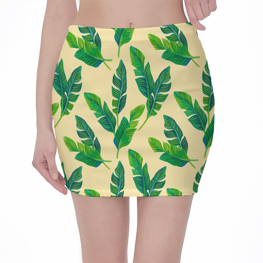 Tropical Banana Palm Leaf Pattern Print Pencil Mini Skirt