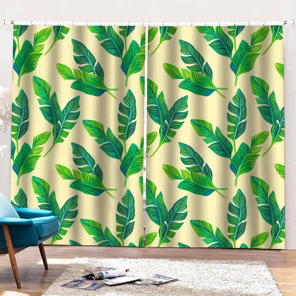 Tropical Banana Palm Leaf Pattern Print Pencil Pleat Curtains