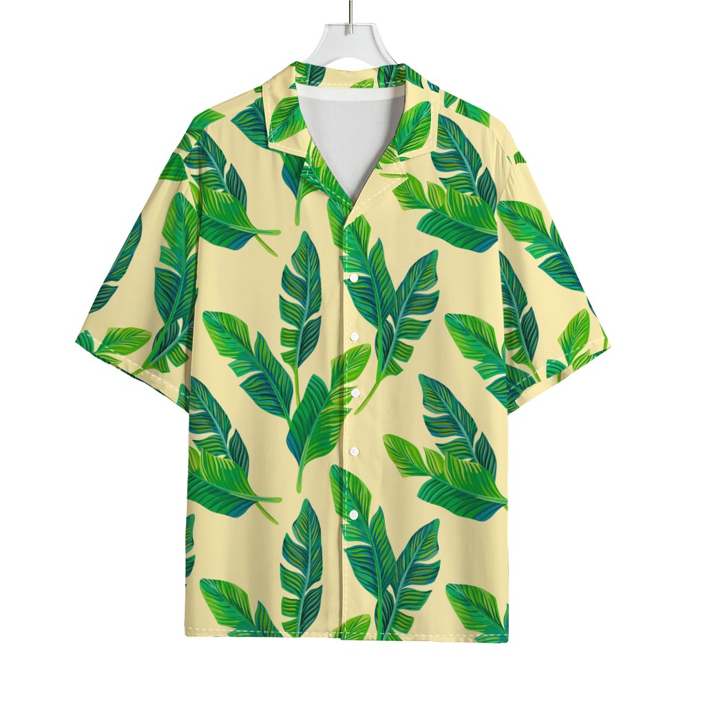 Tropical Banana Palm Leaf Pattern Print Rayon Hawaiian Shirt