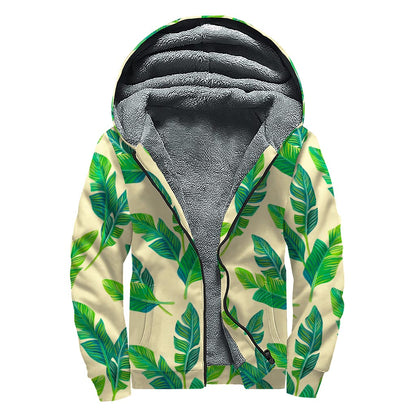 Tropical Banana Palm Leaf Pattern Print Sherpa Lined Zip Up Hoodie