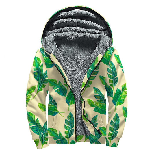 Tropical Banana Palm Leaf Pattern Print Sherpa Lined Zip Up Hoodie