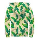 Tropical Banana Palm Leaf Pattern Print Sherpa Lined Zip Up Hoodie