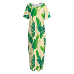 Tropical Banana Palm Leaf Pattern Print Short Sleeve Long Nightdress