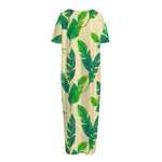 Tropical Banana Palm Leaf Pattern Print Short Sleeve Long Nightdress