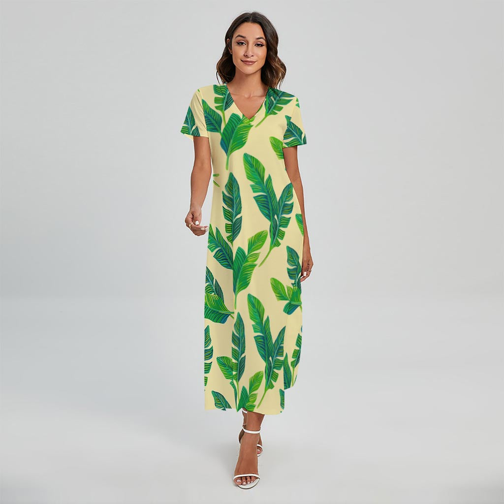 Tropical Banana Palm Leaf Pattern Print Short Sleeve Maxi Dress