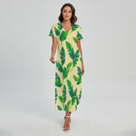 Tropical Banana Palm Leaf Pattern Print Short Sleeve Maxi Dress