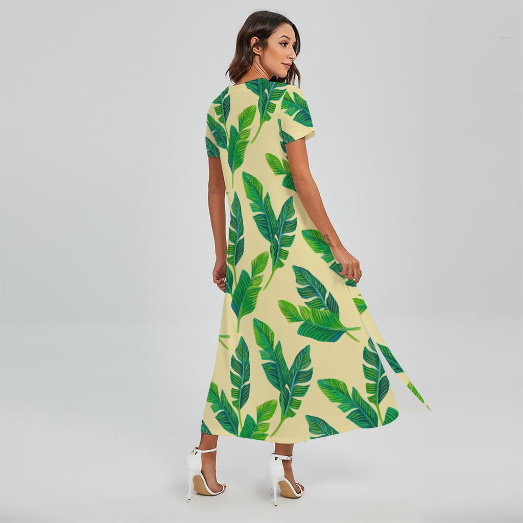 Tropical Banana Palm Leaf Pattern Print Short Sleeve Maxi Dress