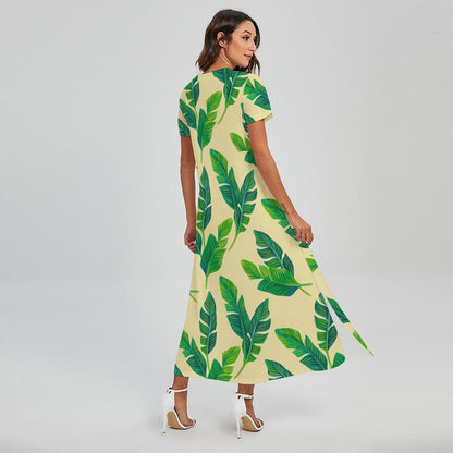 Tropical Banana Palm Leaf Pattern Print Short Sleeve Maxi Dress