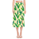 Tropical Banana Palm Leaf Pattern Print Side Slit Midi Skirt