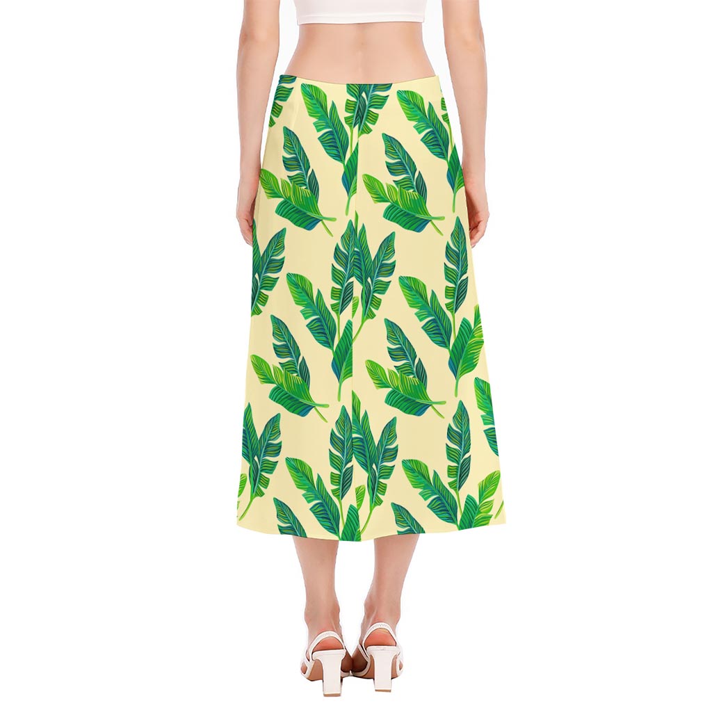 Tropical Banana Palm Leaf Pattern Print Side Slit Midi Skirt