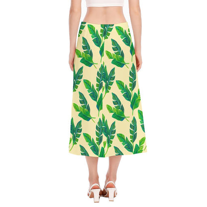 Tropical Banana Palm Leaf Pattern Print Side Slit Midi Skirt