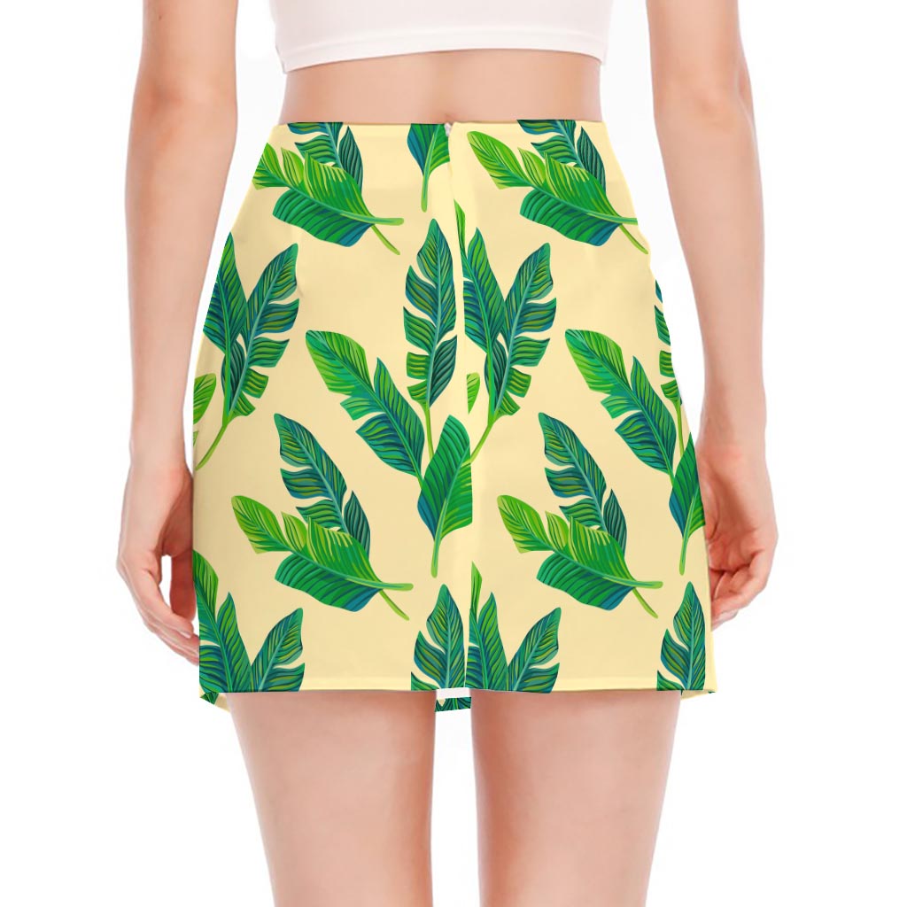 Tropical Banana Palm Leaf Pattern Print Side Slit Mini Skirt