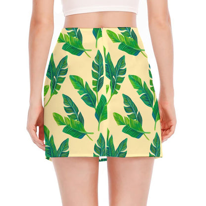 Tropical Banana Palm Leaf Pattern Print Side Slit Mini Skirt