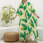 Tropical Banana Palm Leaf Pattern Print Silk V-Neck Kaftan Dress