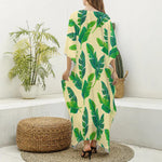 Tropical Banana Palm Leaf Pattern Print Silk V-Neck Kaftan Dress