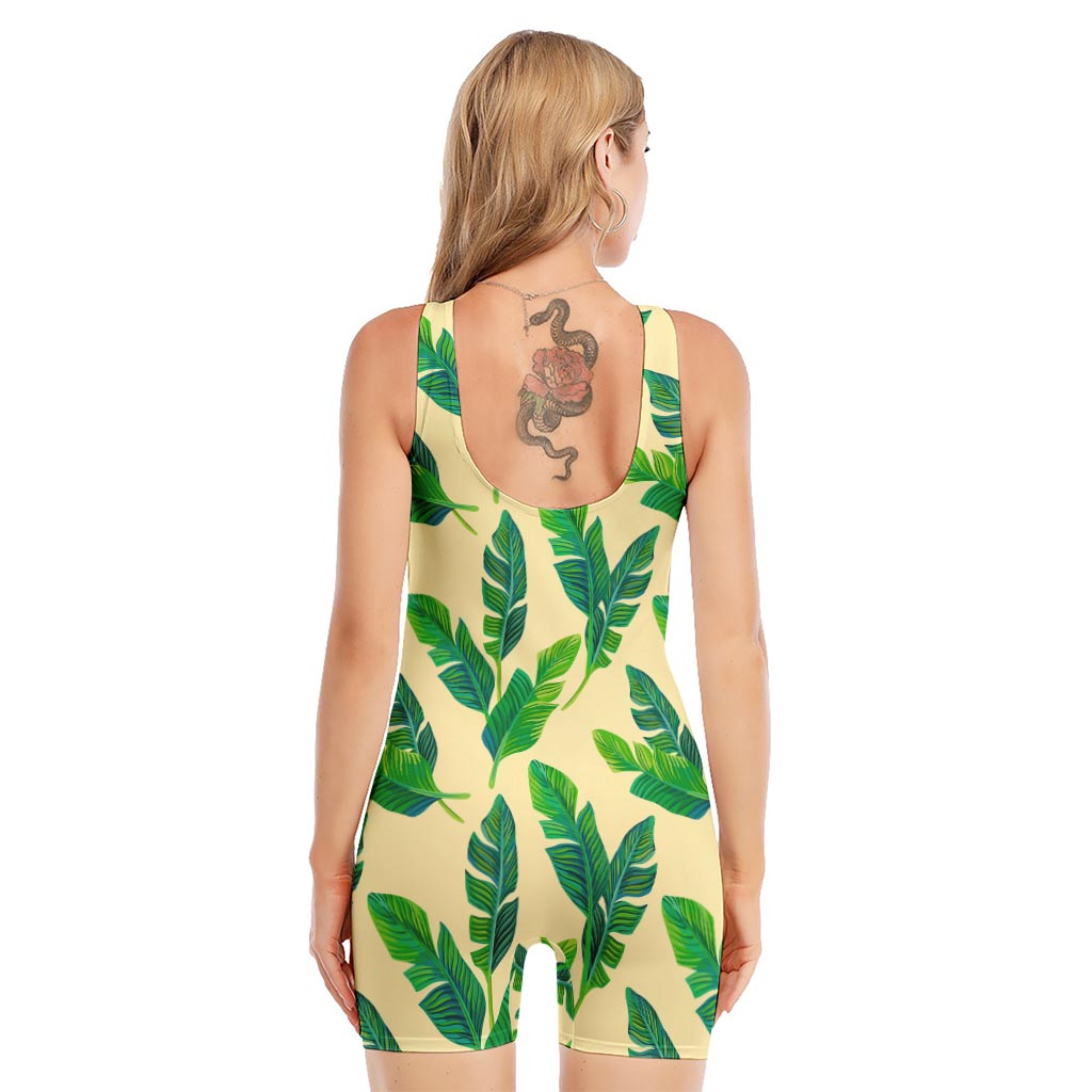 Tropical Banana Palm Leaf Pattern Print Sleeveless One Piece Swimsuit