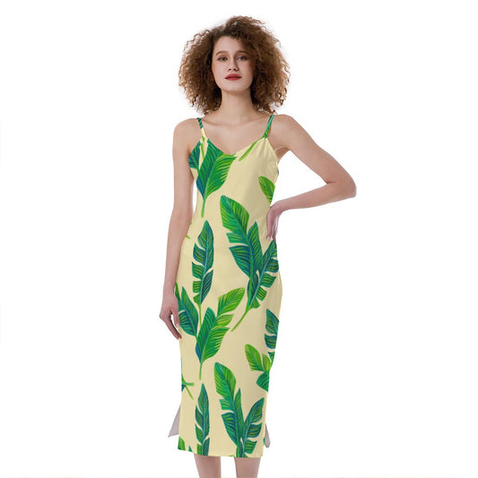 Tropical Banana Palm Leaf Pattern Print Slim Fit Midi Cami Dress
