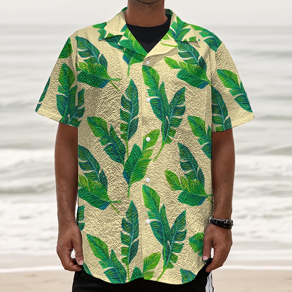 Tropical Banana Palm Leaf Pattern Print Textured Short Sleeve Shirt