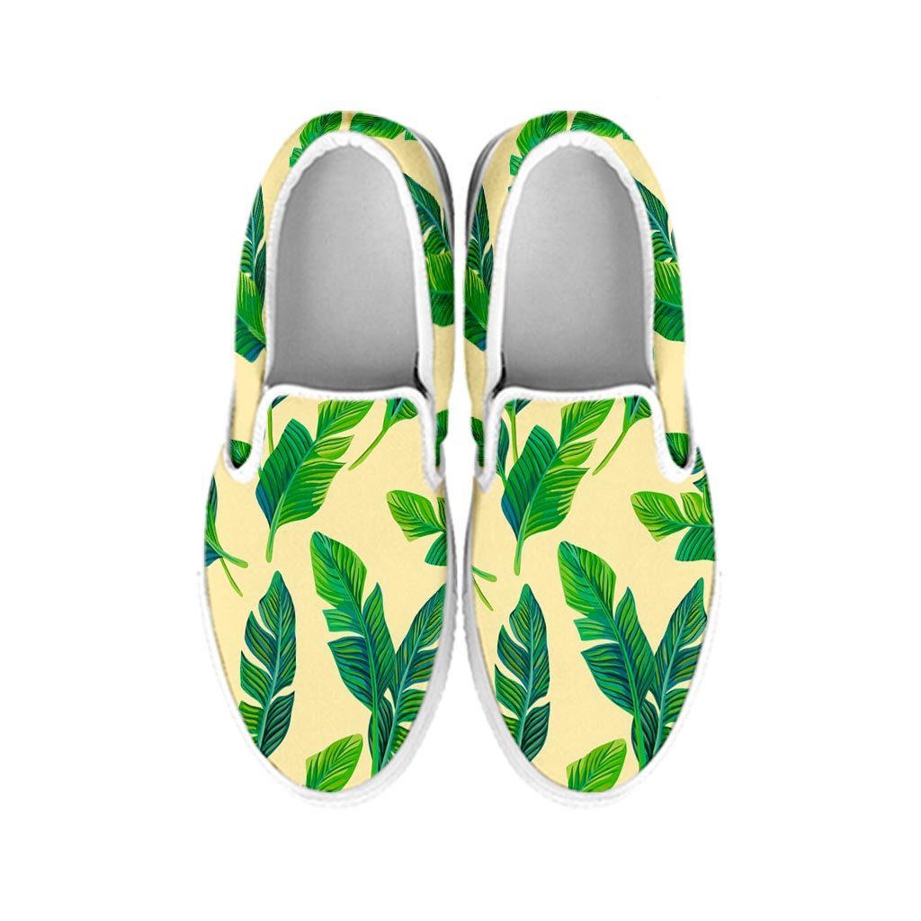 Tropical Banana Palm Leaf Pattern Print White Slip On Sneakers