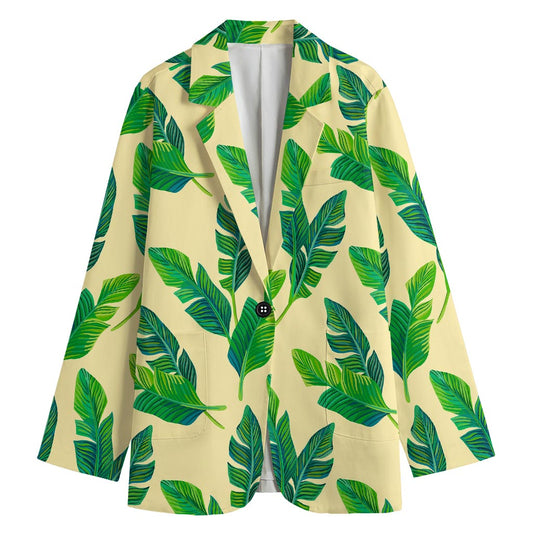 Tropical Banana Palm Leaf Pattern Print Women's Cotton Blazer