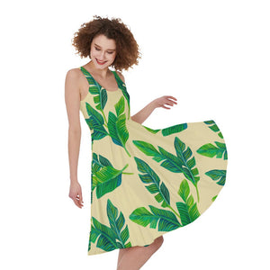 Tropical Banana Palm Leaf Pattern Print Sleeveless Knee Length Dress Tropical Banana Palm Leaf Pattern Print Sleeveless Knee Length Dress