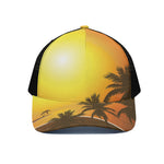 Tropical Beach Sunset Print Black Mesh Trucker Cap