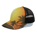 Tropical Beach Sunset Print Black Mesh Trucker Cap